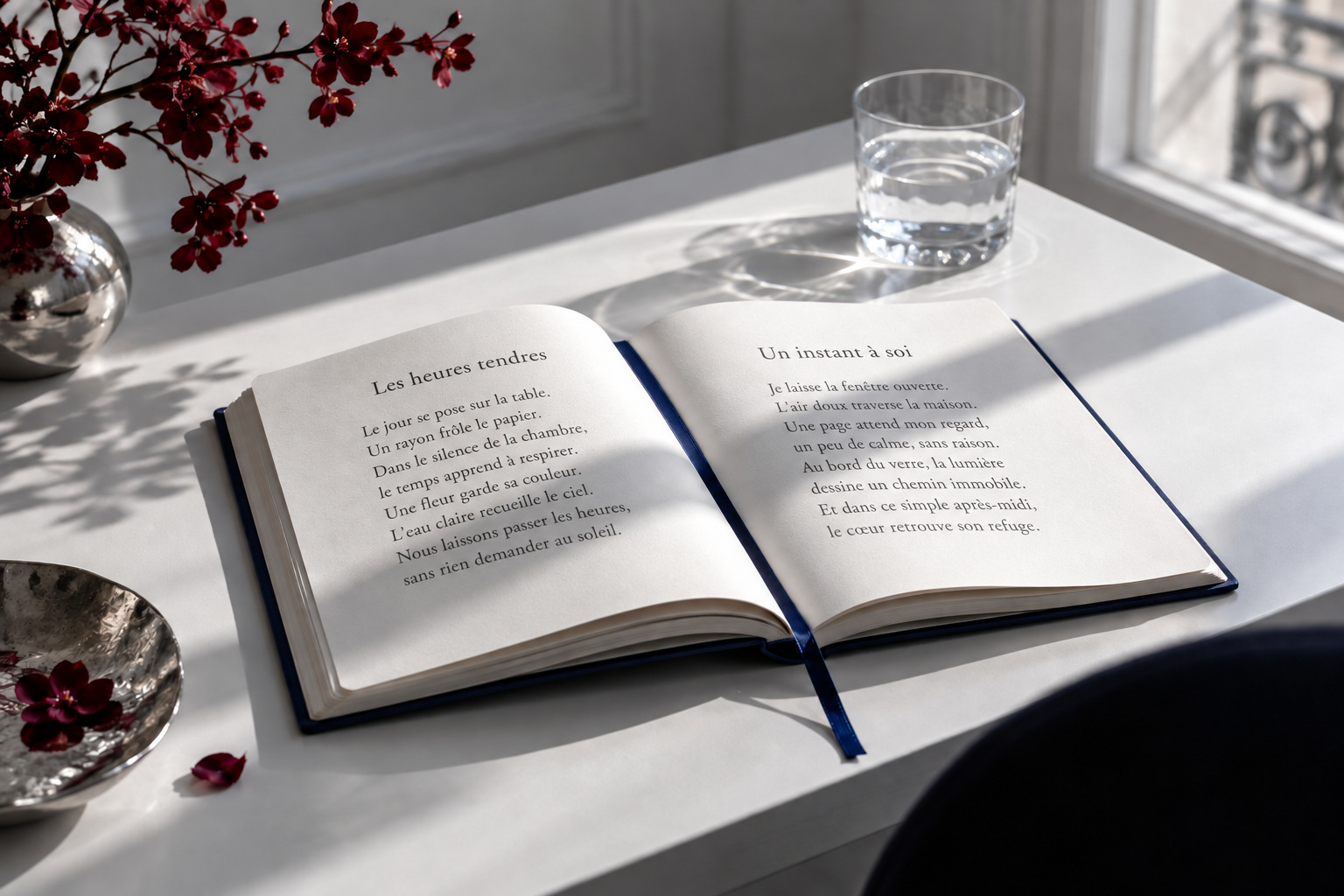 窗邊打開的書，左右頁印有 Les heures tendres 與 Un instant à soi 法文短詩
